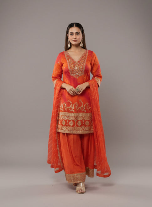 Orange Embroidered 3-Piece Ethnic Suit with Farsi Salwar | Festive Ready | Terracotta & Gold Collection
